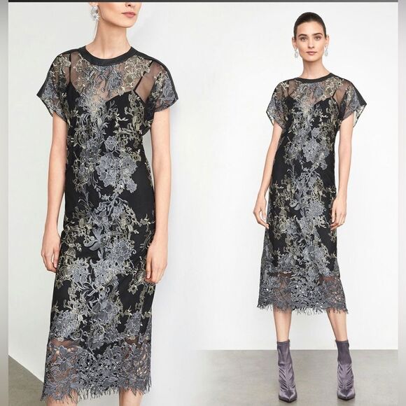 NEW BCBGMAXAZRIA Black Metallic Embroidered Sheer Lace Short Sleeve Midi Dress 0